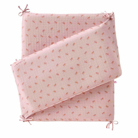 Tour de lit respirant gaze de coton rose libellules