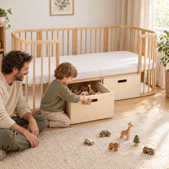 Cajón de almacenaje con ruedas para cuna cama evolutiva